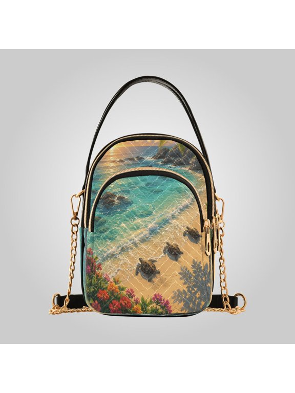 Women's Leather Handbag Crossbody Bag, Leather Purse with Detachable Chain & Multi Zipper Pockets Tropical Shore Sunset Turtles
