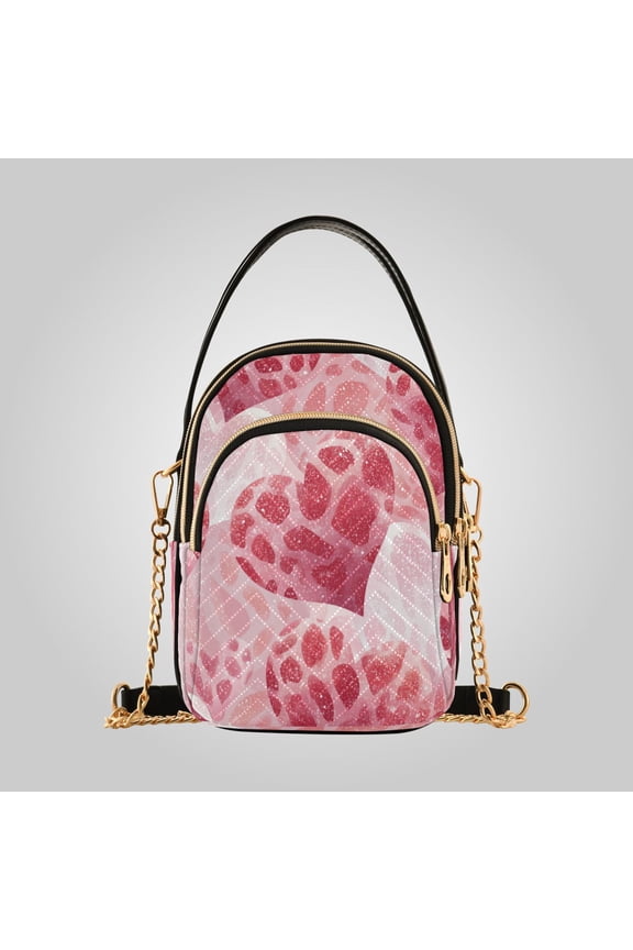 Women's Leather Handbag Crossbody Bag, Leather Purse with Detachable Chain & Multi Zipper Pockets Valentine Leopard Heart Pattern
