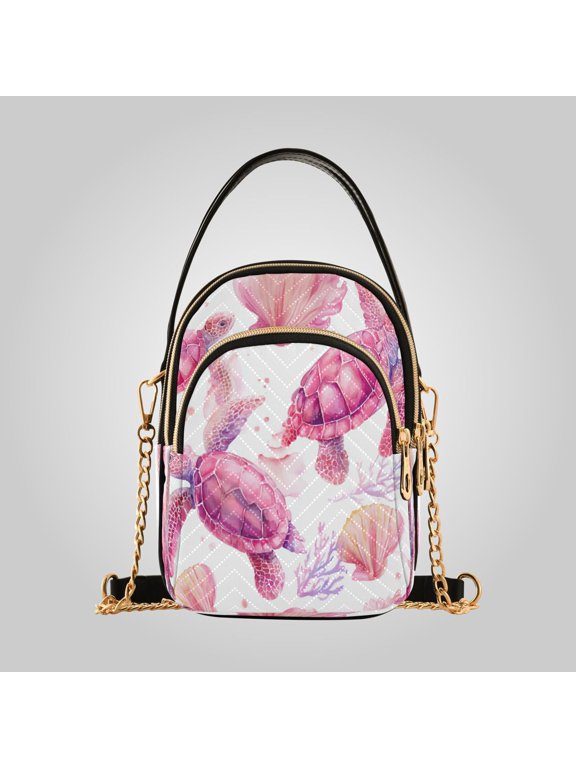 Women's Leather Handbag Crossbody Bag, Leather Purse with Detachable Chain & Multi Zipper Pockets Whimsical Pink Sea Turtles