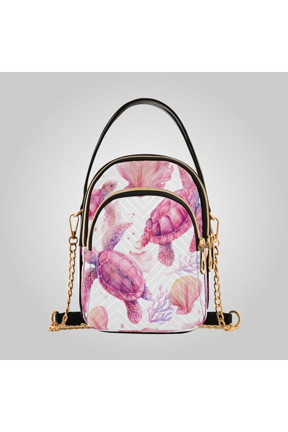 Women's Leather Handbag Crossbody Bag, Leather Purse with Detachable Chain & Multi Zipper Pockets Whimsical Pink Sea Turtles
