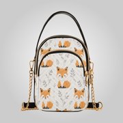 Womens Leather Handbag Crossbody Bag, Leather Purse with Detachable Chain & Multi Zipper Pockets Woodland Fox Floral Pattern