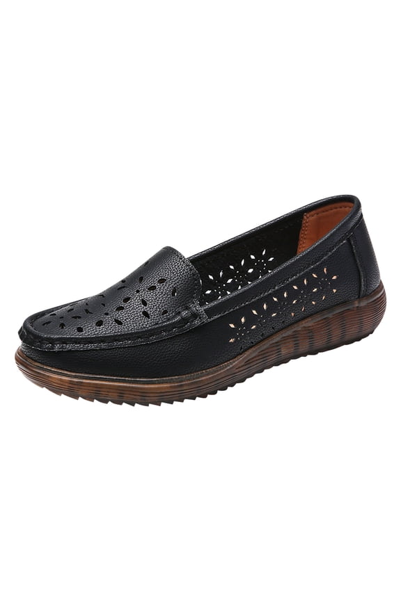 Women's Leather Hollow Round Toe Slip on Loafers Shoes Fashion Breathable Soft Bottom Shallow Mouth Flat Driving Walking Shoes Casual Boat Shoes