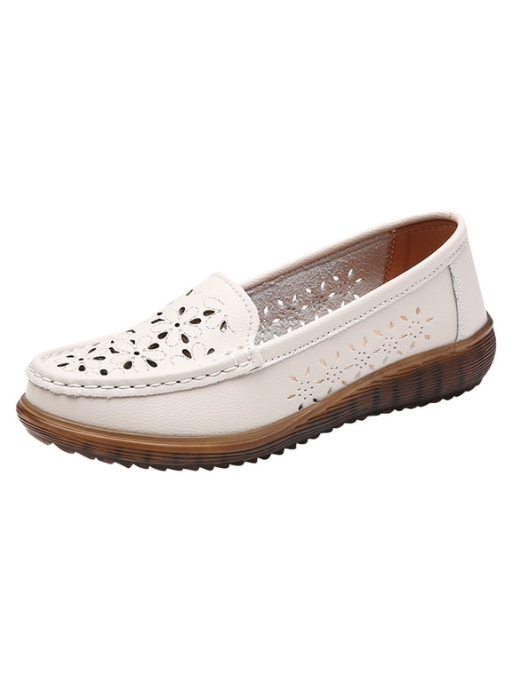 Women's Leather Hollow Round Toe Slip on Loafers Shoes Fashion Breathable Soft Bottom Shallow Mouth Flat Driving Walking Shoes Casual Boat Shoes