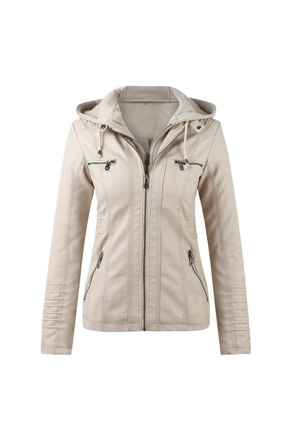 Women's Leather Hooded Coat Stand Collar Long Sleeve Solid Color Zip Slim Fit Comfortable Fashion Jacket Tops For Daily Wear,Beige,M
