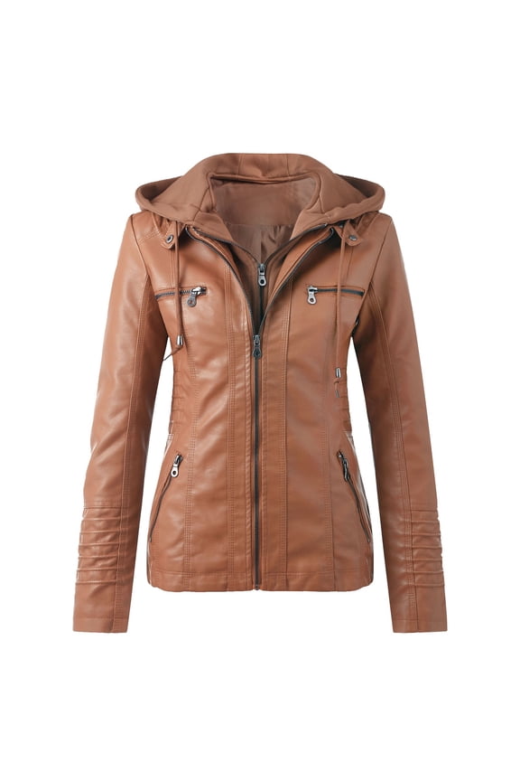 Women's Leather Hooded Coat Stand Collar Long Sleeve Solid Color Zip Slim Fit Comfortable Fashion Jacket Tops For Daily Wear,Coffee,M