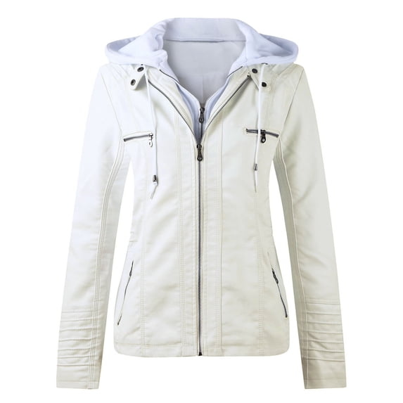 Women's Leather Hooded Coat Stand Collar Long Sleeve Solid Color Zip Slim Fit Comfortable Fashion Jacket Tops For Daily Wear,White,L