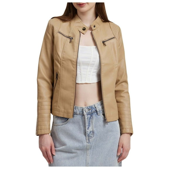 Women's Leather Jacket Casual Quilted Zip Up Coat Suede Outerwear Stylish Ribbed Elastic Waist Fashionable Winter Coat