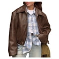 thumbnail image 1 of Women's Leather Jacket Long Sleeve Zipper Faux Oversized Coats Fall Fashion Outfits Winter Clothes Brown L, 1 of 10