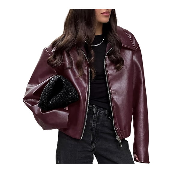 Women's Leather Jacket Long Sleeve Zipper Faux Oversized Coats Fall Fashion Outfits Winter Clothes Wine Red L