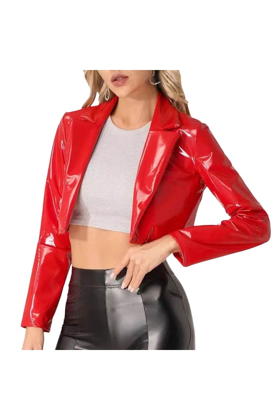 Women's Leather Jacket Shiny Metallic Long Sleeve Cropped Motorcycle Coat Long down Coats for Women Lightweight Winter Jacket Women Laundry Coats Her Leather Coat Rain Trench Coat Women with Hood