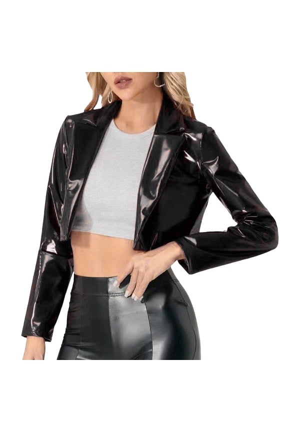 Women's Leather Jacket Shiny Metallic Long Sleeve Cropped Motorcycle Coat Long down Coats for Women Lightweight Winter Jacket Women Laundry Coats Her Leather Coat Rain Trench Coat Women with Hood