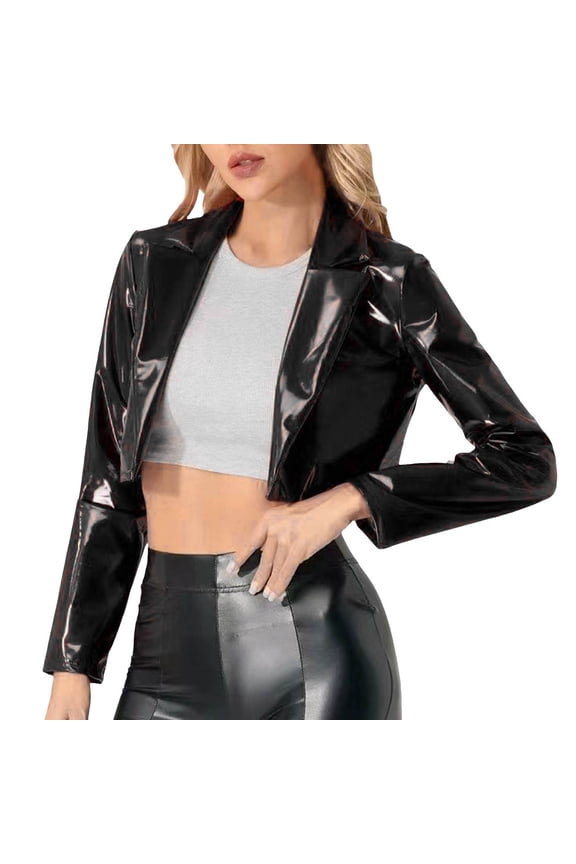 Women's Leather Jacket Shiny Metallic Long Sleeve Cropped Motorcycle Coat