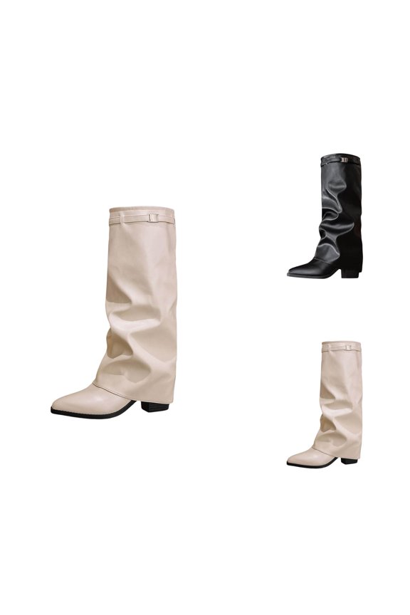 Women's Leather Knee High Boots, Buckle Strap Design, Pointed Toe Comfortable Booties for Fall and Winter Outfits