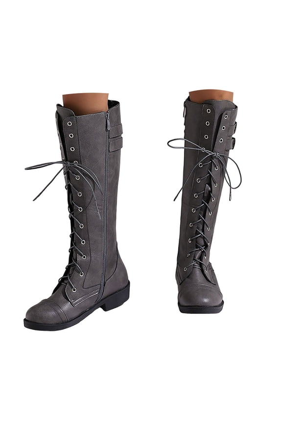 Women's Leather Knee High Boots Fashion Lace Up Knee Length Combat Booties Block Low Heel Buckle Strap Tall Riding Boots Gray Size 9