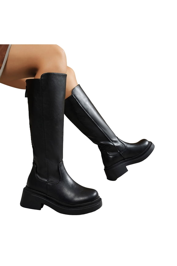 Women's Leather Knee High Boots Platform Round Toe Wide Calf Riding Booties Non Slip Knee Length Slip On Combat Boots Black Size 6
