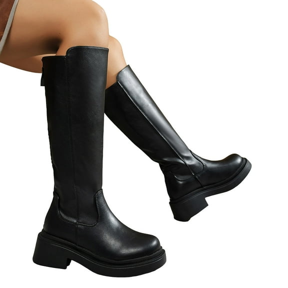 Women's Leather Knee High Boots Platform Round Toe Wide Calf Riding Booties Non Slip Knee Length Slip On Combat Boots Black Size 8.5