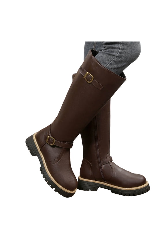 Women's Leather Knee High Boots Platform Wide Calf Riding Booties Wide Toe Box Non Slip Long Fall Boots with Side Zipper Brown Size 8