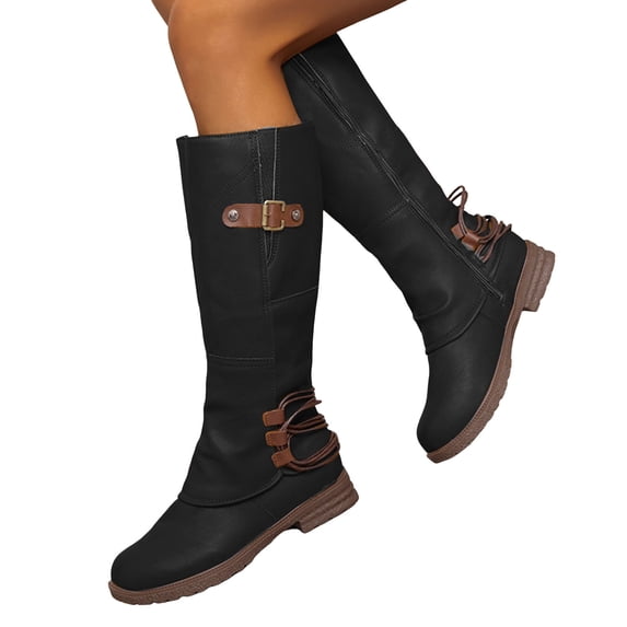 Women's Leather Knee High Boots Wide Calf Metal Buckle Comfortable Flat Knee Length Riding Booties
