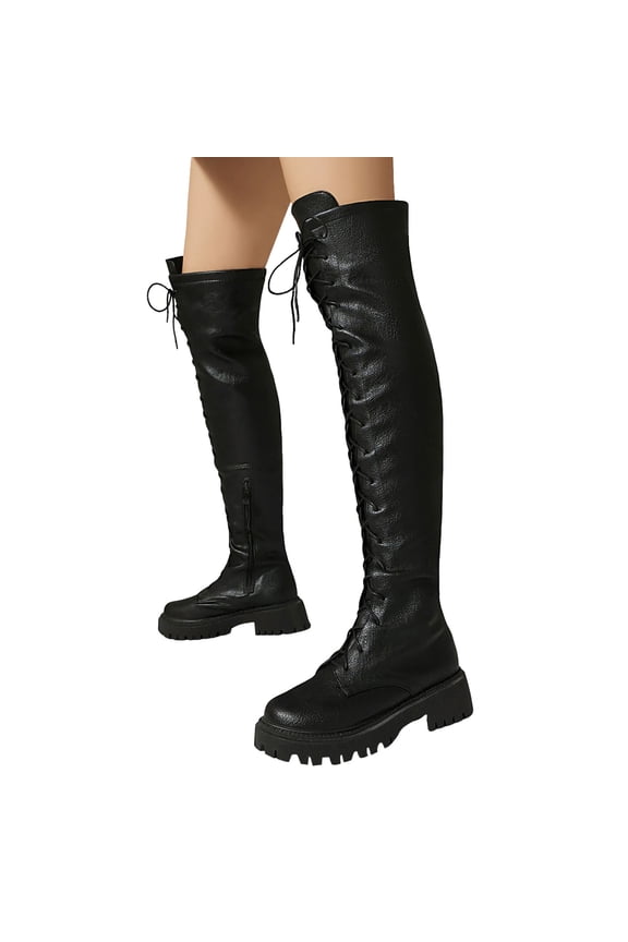 Women's Leather Knee High Combat Boots Casual Lace Up Over The Knee Riding Booties Non Slip Comfortable Platform Winter Boots Black Size 6