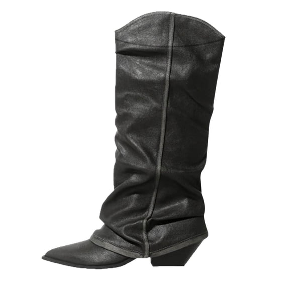 Women's Leather Knee High Fold Over Boots Fashion Pointed Toe Stacked Mid Heel Wide Calf Winter Riding Booties Gray Size 5.5