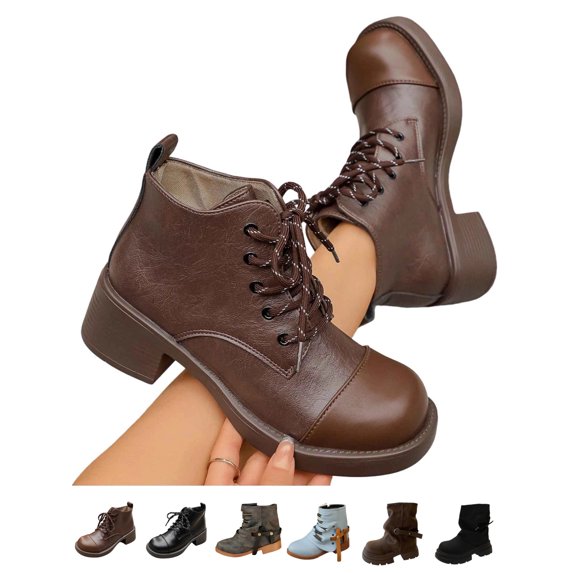 Women's Leather Lace Up Chunky Heel Ankle Boots Fashion Round Toe Comfortable Casual Booties Women's Solid Color Lace-Up Low Heel Boots