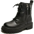 thumbnail image 1 of Women's Leather Lace Up Combat Platform Ankle Boots with Double Side Zipper Classic Round Toe Chunky heel Lug Sole Non-Slip Mid Calf Booties, 1 of 7