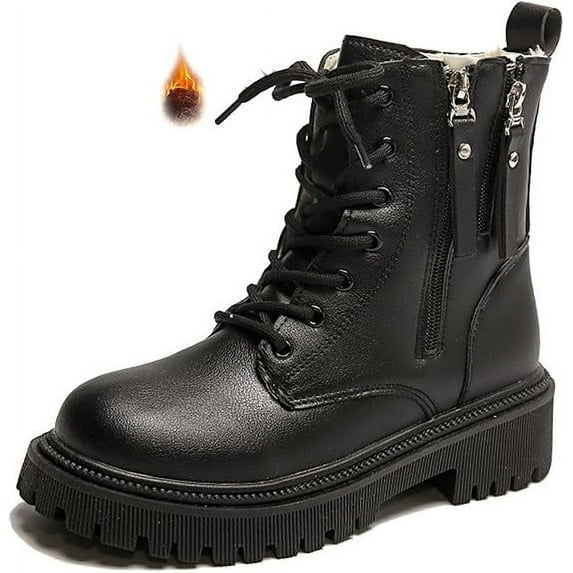 Women's Leather Lace Up Combat Platform Ankle Boots with Double Side Zipper Classic Round Toe Chunky heel Lug Sole Non-Slip Mid Calf Booties