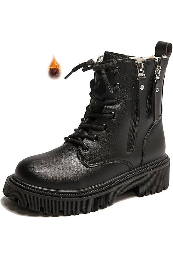 Women's Leather Lace Up Combat Platform Ankle Boots with Double Side Zipper Classic Round Toe Chunky heel Lug Sole Non-Slip Mid Calf Booties