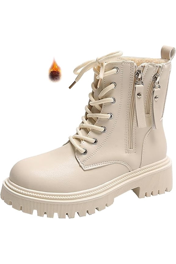 Women's Leather Lace Up Combat Platform Ankle Boots with Double Side Zipper Classic Round Toe Chunky heel Lug Sole Non-Slip Mid Calf Booties