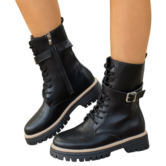 Women's Leather Lace up Combat Boots Platform Comfortable Lug Sole Chunky Casual Fall Winter Warm Motorcycle Booties d-Black Size 10.5
