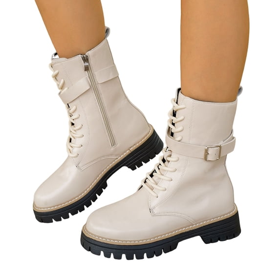 Women's Leather Lace up Combat Boots Platform Comfortable Lug Sole Chunky Casual Fall Winter Warm Motorcycle Booties d-White Size 6.5
