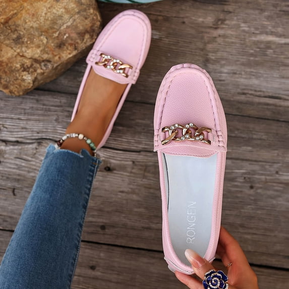 Women's Leather Loafer Cute Metal Chain Round Toe Slip-ons Comfortable Lightweight Driving Flats for Business Casual Dress Pink 8.5