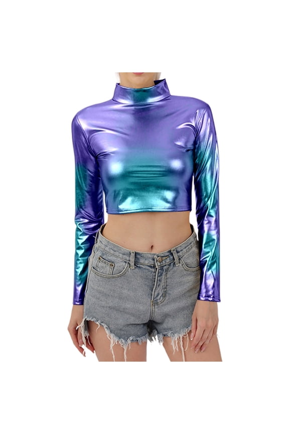 Women's Leather Long Sleeve Turtleneck Top Nightclub Performance Stage Wear Elegant Fitted Stretch Comfortable Fashion