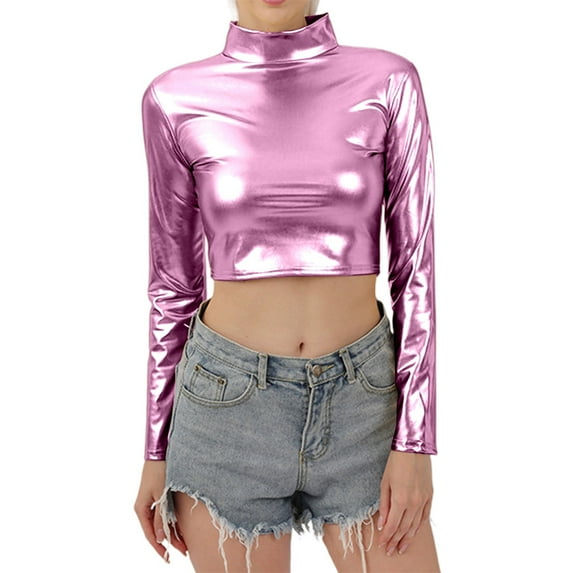 Women's Leather Long Sleeve Turtleneck Top Nightclub Performance Stage Wear Elegant Fitted Stretch Comfortable Fashion