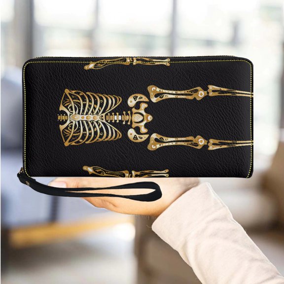 Women's Leather Long Wallet Scary Skull Print Zipper Card Holder Organizer Ladies Travel Clutch Wristband Purse Halloween Gift