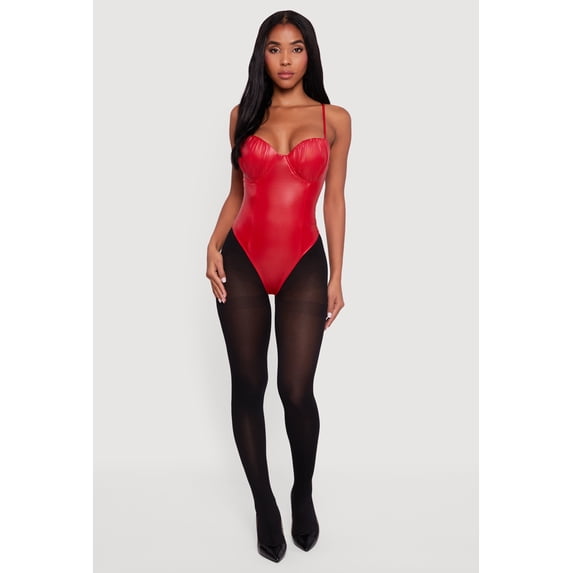 Women's Leather Look Ruched Bustier Bodysuit