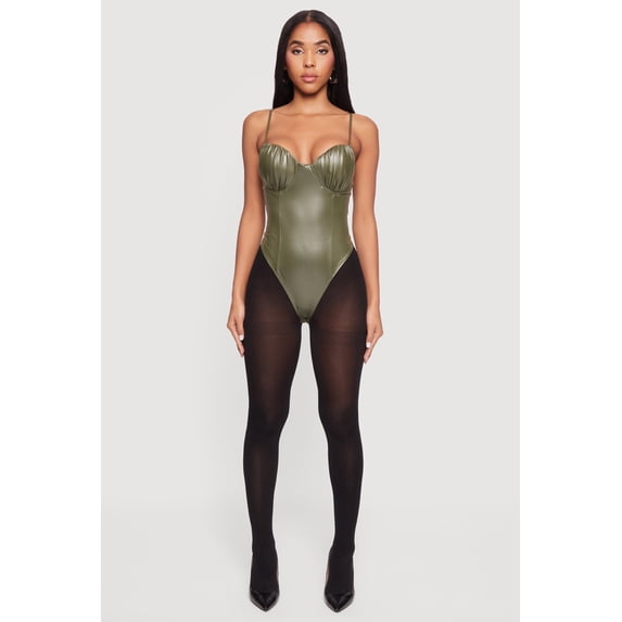 Women's Leather Look Ruched Bustier Bodysuit
