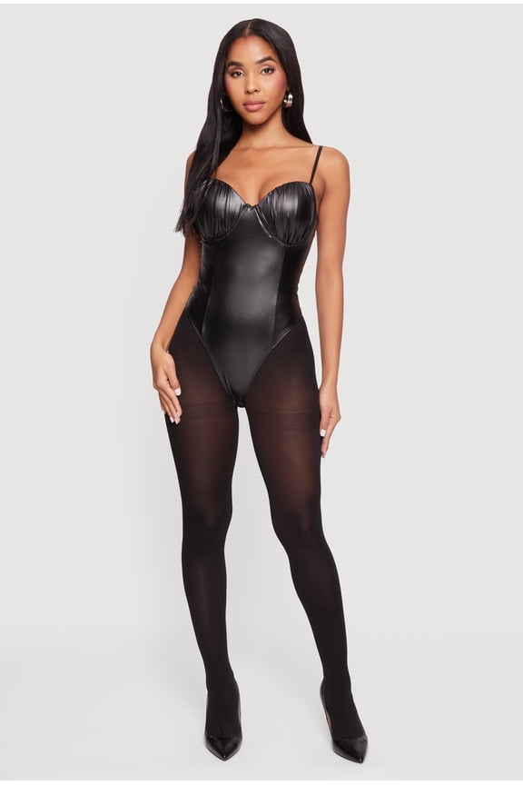 Women's Leather Look Ruched Bustier Bodysuit