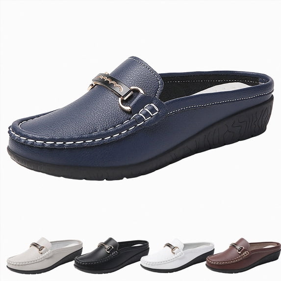 Women's Leather Metal Buckle Mules Casual Comfortable Round Toe Backless Slip on Flat Clogs Lightweight Daily Work Walking Slides Shoes White Size 7