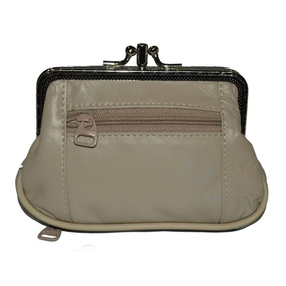 Women's Leather Metal Frame Double Clasp Zipper Coin Purse 5" x 4.8"