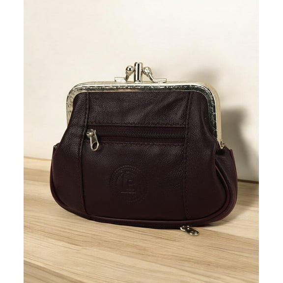 Women's Leather Metal Frame Double Clasp Zipper Coin Purse