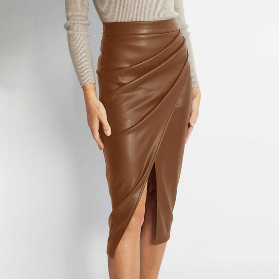 Women's Leather Midi Skirt High Waisted Front Slit Zip Back Ruched Bodycon Fall Club Long Skirts Womens Midi Skirts Metallic Skirt Ballet Skirts for Girls Hot Tennis Skirt Jean Skirt for Women