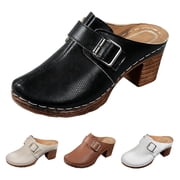 Women's Leather Mule Clogs with Buckle, Closed toe Block Heel Slip-on Shoes, Comfortable Retro Platform Sandals for Casual Daily Wear Black 36