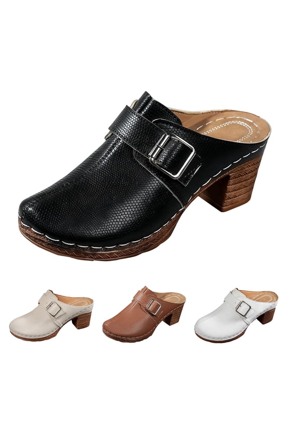 Women's Leather Mule Clogs with Buckle, Closed toe Block Heel Slip-on Shoes, Comfortable Retro Platform Sandals for Casual Daily Wear Black 39
