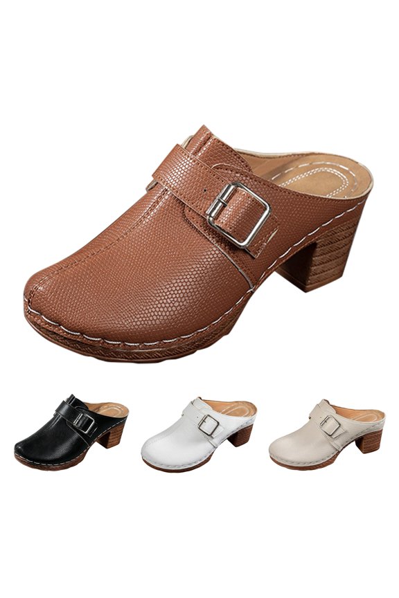 Women's Leather Mule Clogs with Buckle, Closed toe Block Heel Slip-on Shoes, Comfortable Retro Platform Sandals for Casual Daily Wear Brown 41
