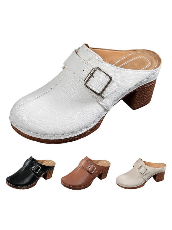 Women's Leather Mule Clogs with Buckle, Closed toe Block Heel Slip-on Shoes, Comfortable Retro Platform Sandals for Casual Daily Wear White 40