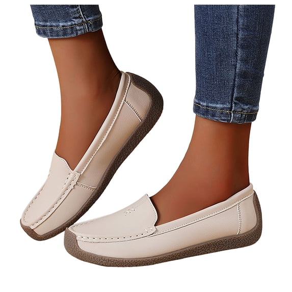 Women's Leather Penny Dress Loafers Classic Round Toe Slip On Soft Bottom Driving Work Flats Breathable Non Slip Walking Shoes Beige Size 9