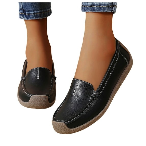 Women's Leather Penny Dress Loafers Classic Round Toe Slip On Soft Bottom Driving Work Flats Breathable Non Slip Walking Shoes Black Size 9.5