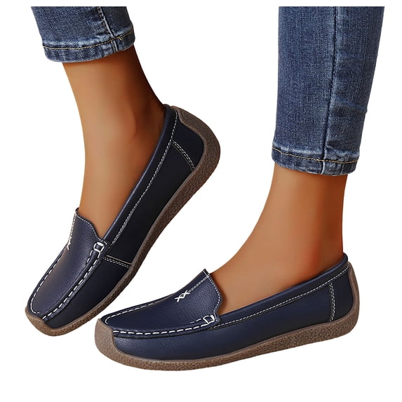 Women's Leather Penny Dress Loafers Classic Round Toe Slip On Soft Bottom Driving Work Flats Breathable Non Slip Walking Shoes Blue Size 9.5
