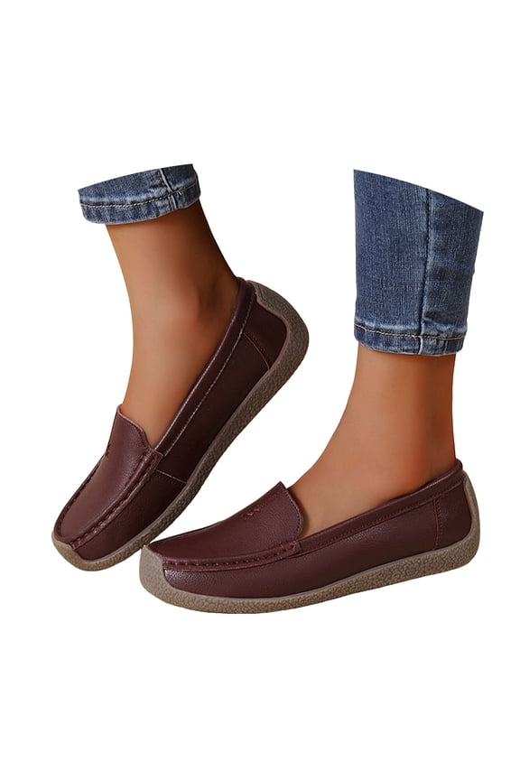Women's Leather Penny Dress Loafers Classic Round Toe Slip On Soft Bottom Driving Work Flats Breathable Non Slip Walking Shoes Brown Size 10